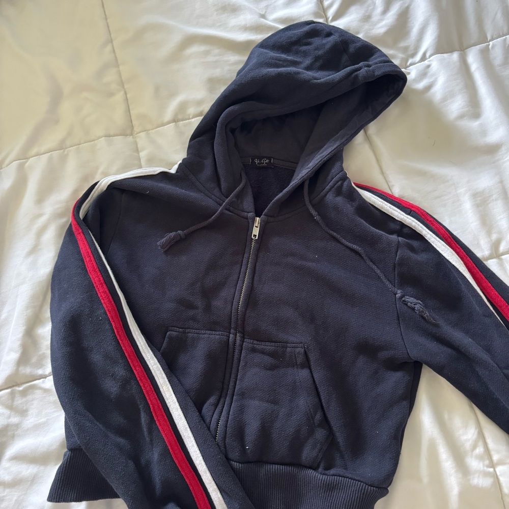 Brandy Melville Cropped Red White and Navy Blue Zip Up Jacket